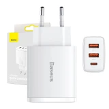 Ładowarka sieciowa Baseus Compact Quick Charger 2xUSB-A USB-C PD 3A 30W biała