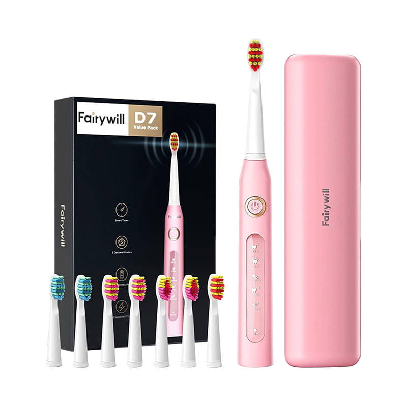 Szczoteczka soniczna do zębów z zestawem końcówek i etui FairyWill FW-507 Plus różowa — zdjęcie 1