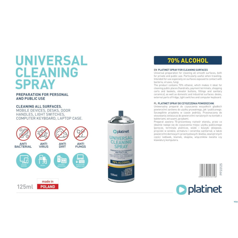 Spray w aerozolu 125ml Alkohol 70% Platinet — zdjęcie 2