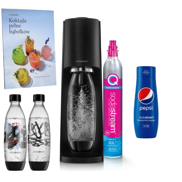 SodaStream Terra black + Książka "Koktajle pełne bąbelków" + Fuse Brush Design 2x1L + koncentrat Pepsi 440 ml — zdjęcie 1