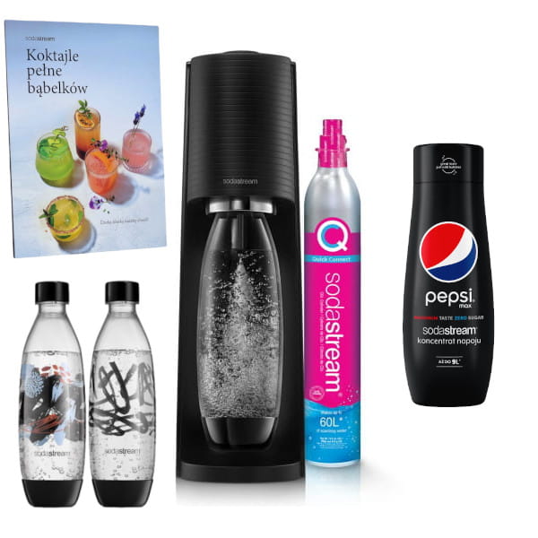 SodaStream Terra black + Książka "Koktajle pełne bąbelków" + Fuse Brush Design 2x1L + koncentrat Pepsi MAX 440 ml — zdjęcie 1