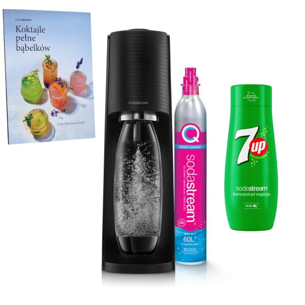 SodaStream Terra black + Książka "Koktajle pełne bąbelków" + koncentrat 7UP 440 ml — zdjęcie 1