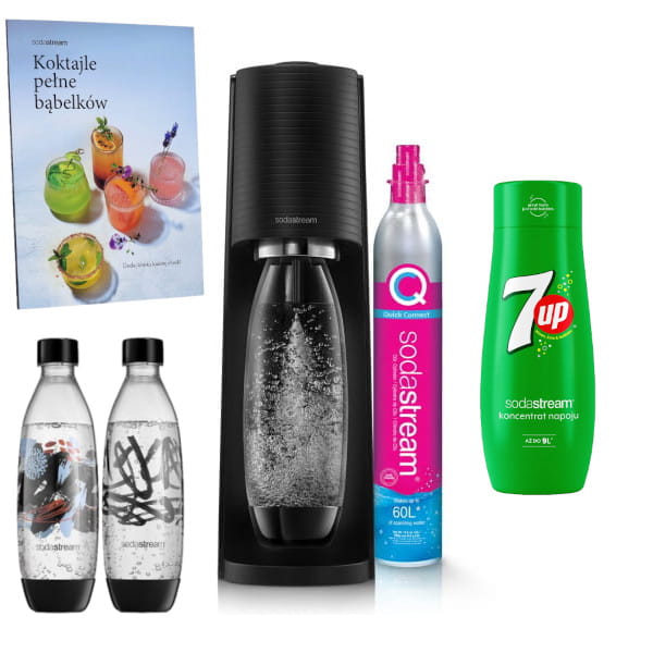 SodaStream Terra black + Książka "Koktajle pełne bąbelków" + Fuse Brush Design 2x1L + koncentrat 7UP 440 ml — zdjęcie 1
