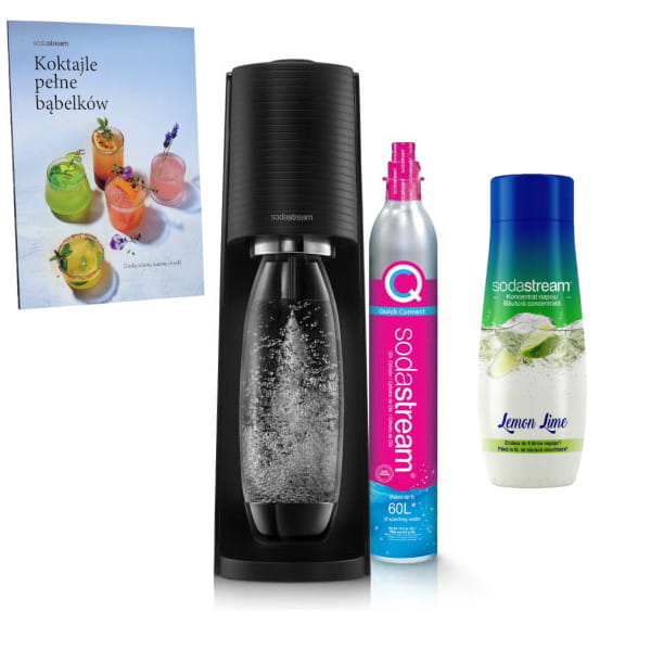 SodaStream Terra black + Książka "Koktajle pełne bąbelków" + koncentrat Lemon Lime 440 ml — zdjęcie 1
