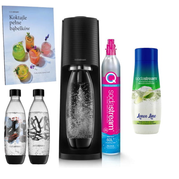 SodaStream Terra black + Książka "Koktajle pełne bąbelków" + Fuse Brush Design 2x1L + koncentrat Lemon Lime 440 ml — zdjęcie 1