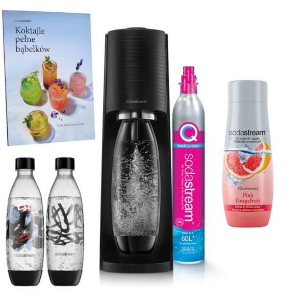 SodaStream Terra black + Książka "Koktajle pełne bąbelków" + Fuse Brush Design 2x1L + koncentrat Grejpfrut 440 ml — zdjęcie 1