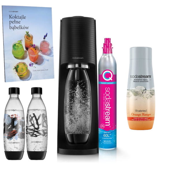 SodaStream Terra black + Książka "Koktajle pełne bąbelków" + Fuse Brush Design 2x1L + koncentrat Mango Zero 440 ml — zdjęcie 1