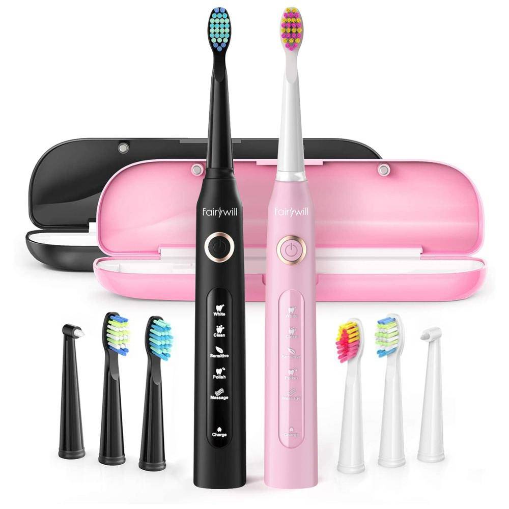 Szczoteczki soniczne do zębów z zestawem końcówek i etui FairyWill FW-507 czarna i różowa — zdjęcie 1