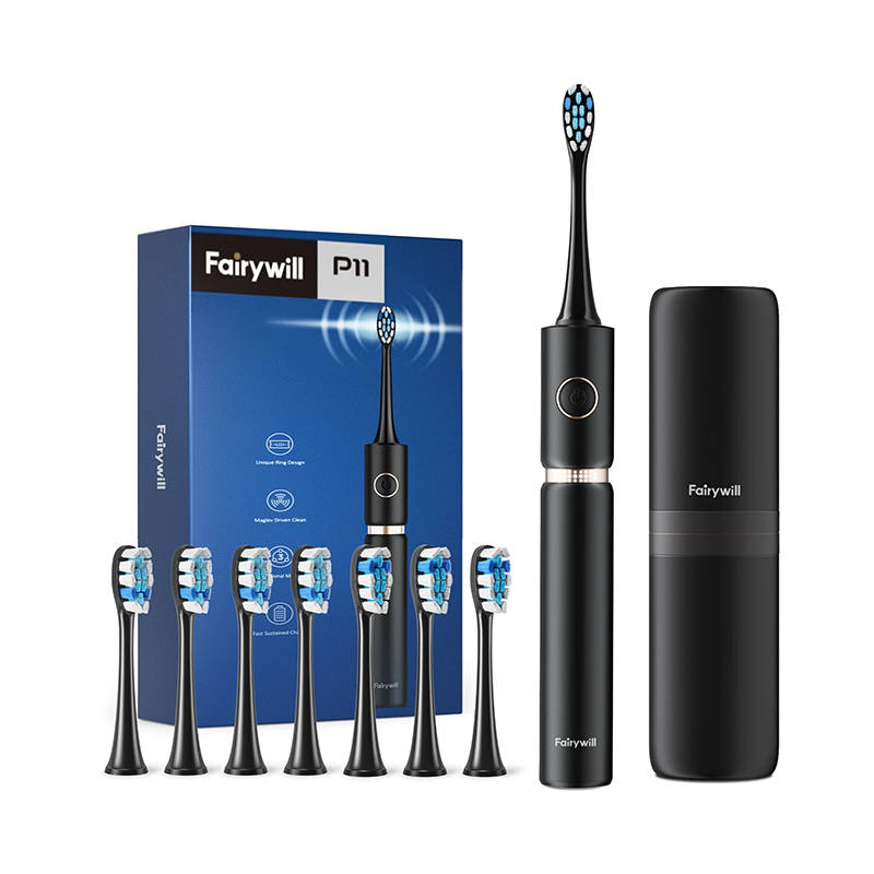 Szczoteczka soniczna do zębów z zestawem końcówek i etui FairyWill FW-P11 czarna — zdjęcie 1