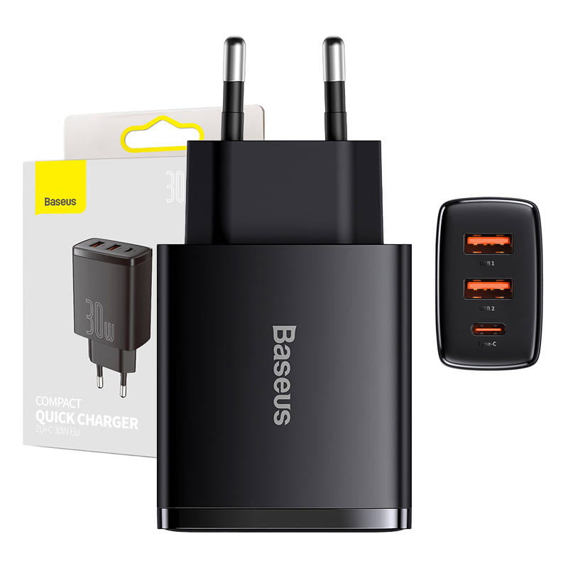 Ładowarka sieciowa Baseus Compact Quick Charger 2xUSB-A USB-C PD 3A 30W czarna — zdjęcie 1