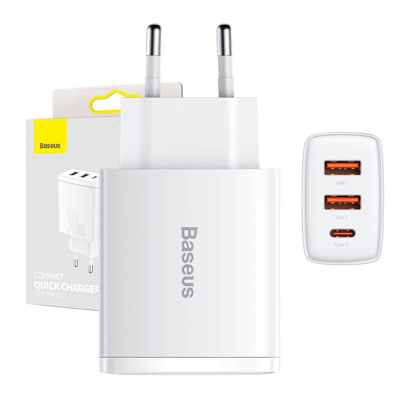 Ładowarka sieciowa Baseus Compact Quick Charger 2xUSB-A USB-C PD 3A 30W biała — zdjęcie 1